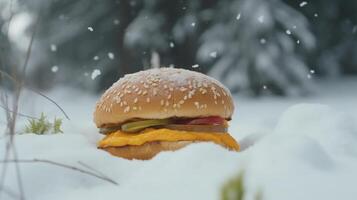 Hamburger in the snow with snowflakes Background, photo