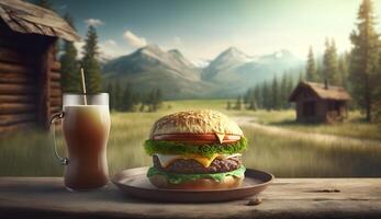 Hamburger and cola on the wooden table with mountain village background, photo