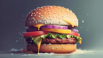 Closeup view of Hamburger with cheese and vegetables on dark background, photo