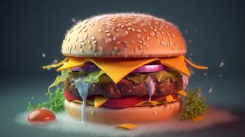 Closeup view of Hamburger with cheese and vegetables on dark background, photo