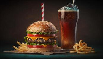 hamburguesa con Coca y papas fritas en oscuro fondo, generativo ai foto