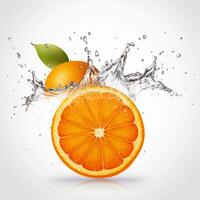 Water splash with fresh orange fruit isolated on white background, photo