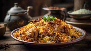 de cerca ver de Biryani en lámina, generativo ai foto