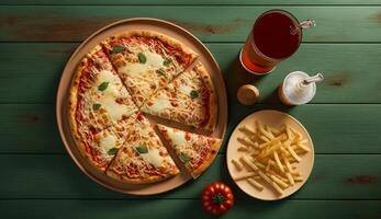 Top view of Pizza with mozzarella cheese, mushrooms, olives and tomato sauce on wooden background, photo