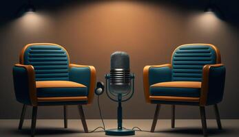 Two chairs and microphones in Studio for podcast or interview, photo