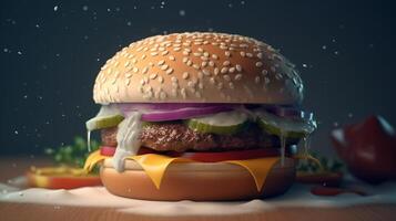 Closeup view of Hamburger with cheese and vegetables on dark background, photo