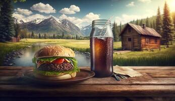 Hamburger and cola on the wooden table with mountain village background, photo