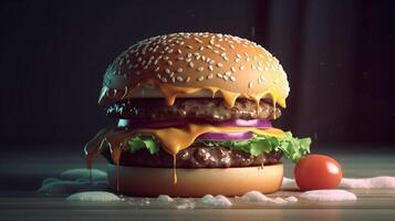 Closeup view of Hamburger with cheese and vegetables on dark background, photo