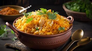 Biryani en bol, desi indio comida Biryani arroz en bol, generativo ai foto