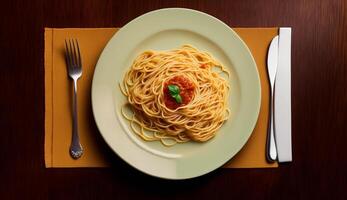 parte superior ver de espaguetis pasta con tomate salsa y albahaca en de madera mesa fondo, generativo ai foto
