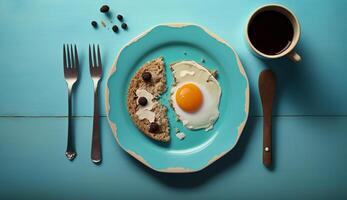 parte superior ver de sano desayuno con frito huevo, tortilla y frutas en un de madera fondo, generativo ai foto