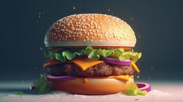 Closeup view of Hamburger with cheese and vegetables on dark background, photo