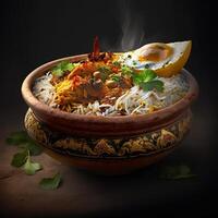 Biryani arroz en bol, desi comida indio Biryani en bol, generativo ai foto