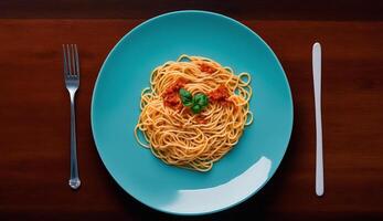 Top View of Spaghetti pasta with tomato sauce and basil on Wooden Table Background, generative ai photo