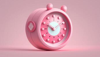 rosado alarma reloj en un rosado fondo, generativo ai foto