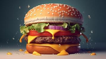 Closeup view of Hamburger with cheese and vegetables on dark background, photo