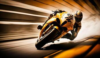 motorcycle rider riding fast on the race track. extreme sport, photo