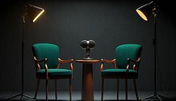 Two chairs and microphones in Studio for podcast or interview, photo