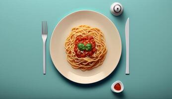 Top View of Spaghetti pasta with tomato sauce and basil on Wooden Table Background, photo