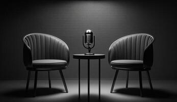 Two chairs and microphones in Studio for podcast or interview, photo