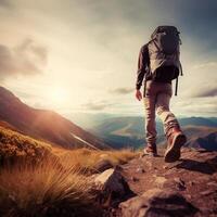 caminante con mochila en pie en parte superior de un montaña y disfrutando el vista, generativo ai foto