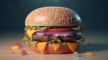 Closeup view of Hamburger with cheese and vegetables on dark background, photo