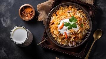 Bowl of rice with meat and vegetables on dark background. Top view, photo