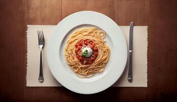 parte superior ver de espaguetis pasta con tomate salsa y albahaca en de madera mesa fondo, generativo ai foto