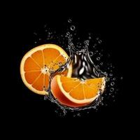 Fresco naranja y agua chapoteo aislado en negro fondo, generativo ai foto