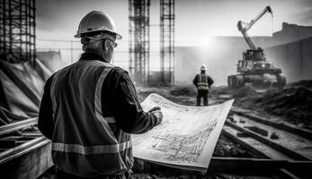 A construction worker looking at a plan on a construction, Engineering and architecture concept, photo