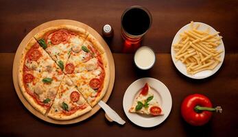 Top view of Pizza with mozzarella cheese, mushrooms, olives and tomato sauce on wooden background, photo