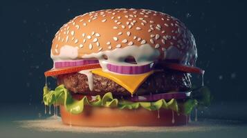 Closeup view of Hamburger with cheese and vegetables on dark background, photo