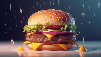 Closeup view of Hamburger with cheese and vegetables on dark background, photo