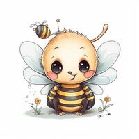 linda dibujos animados abeja con flores en blanco fondo, generativo ai foto