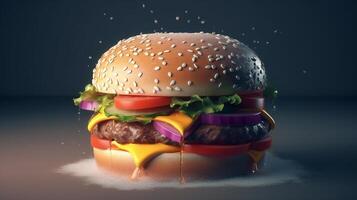 Closeup view of Hamburger with cheese and vegetables on dark background, photo