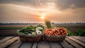 Fresh vegetables on the wooden table in the Village with sunset background, Generative Ai photo