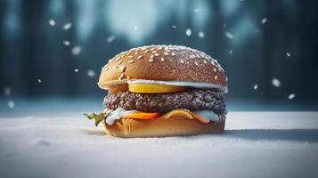 Hamburger in the snow with snowflakes Background, photo