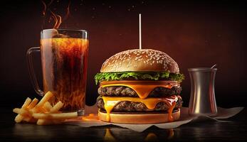 hamburguesa con Coca y papas fritas en oscuro fondo, generativo ai foto