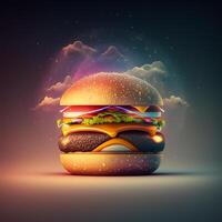 grande sabroso hamburguesa con queso en un oscuro fondo, generativo ai foto