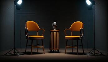 Two chairs and microphones in Studio for podcast or interview, photo