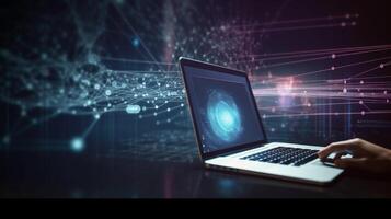 Technology Laptop with abstract network hologram on dark background, photo