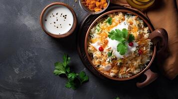 Bowl of rice with meat and vegetables on dark background. Top view, photo