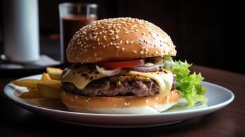 Closeup of hamburger on wooden table with blurred background, photo
