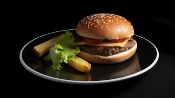 Closeup of hamburger on wooden table with blurred background, photo