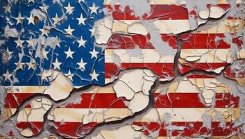 Cracked American Flag, deconstructivism fragmentation, splattered ripped photo