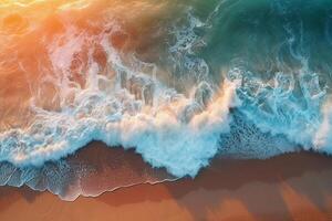 aerial ocean wave with a bright turquoise sand beach cover, Finland, in the style of photorealistic fantasies photo