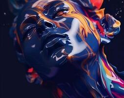 art of a lady with colorful liquid paint on her face, distorted and fractured, light black and navy photo