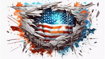 American flag exploding on white, in the style of graffiti style, pigeon core, cracked photo