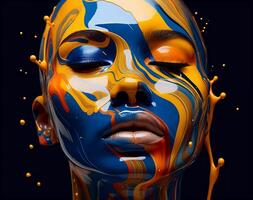 art of a lady with colorful liquid paint on her face, distorted and fractured, light black and navy photo