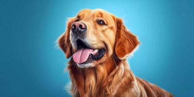 Happy golden retriever dog sitting on blue background photo